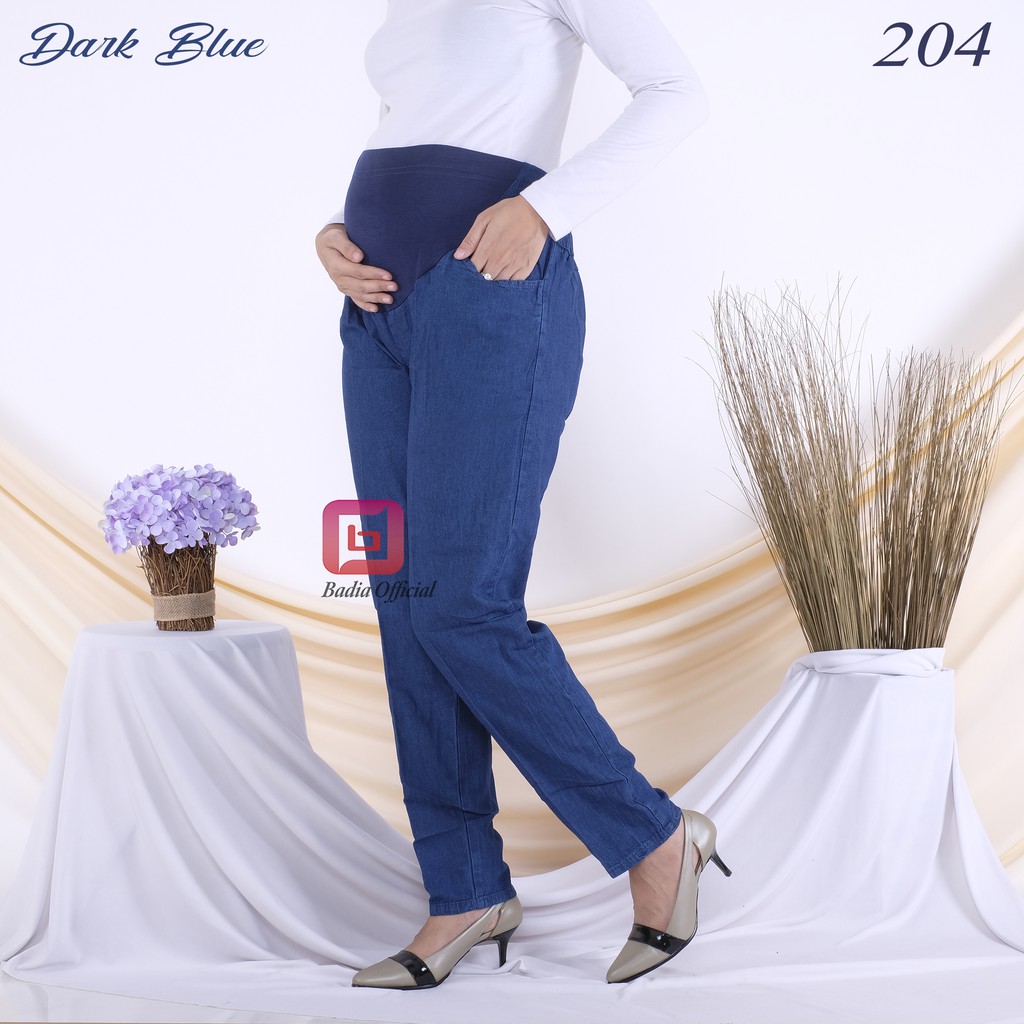 celana hamil jeans pinggang karet pengatur ukuran jumbo kombinasi katun stretch sisi depan wanita