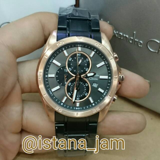 Jam Tangan Pria Cowok Alexandre Christie 6399 Black Rosegold Original