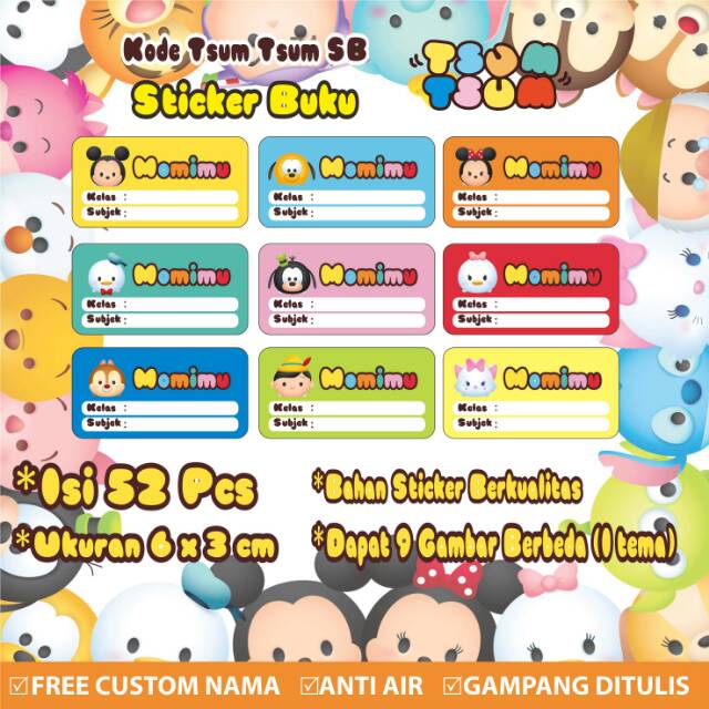 

Stiker/Sticker/Label Buku Pelajaran Anak/Remaja Custom Motif Tsum Tsum