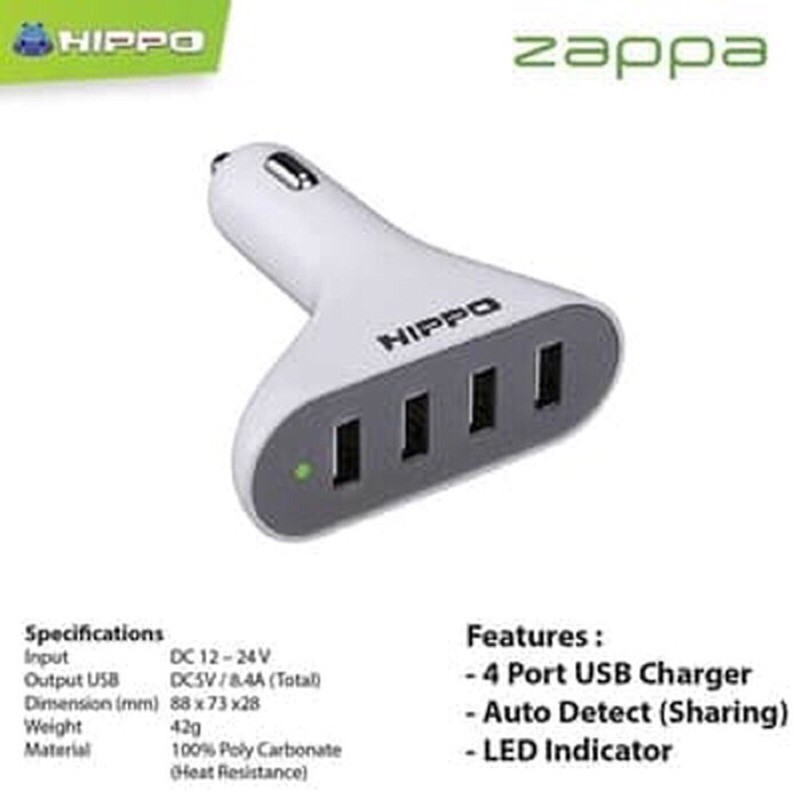 Hippo Car Charger/ Charger Mobil Zappa 4 Simple Pack