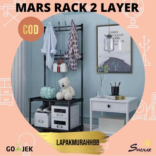 MARS RACK - STAND HANGER SINGLE DENGAN 2 LAYER - RAK GANTUNGAN SERBAGUNA PAKAI RODA - RAK GANTUNG TAS TOPI BAJU HEMAT TEMPAT