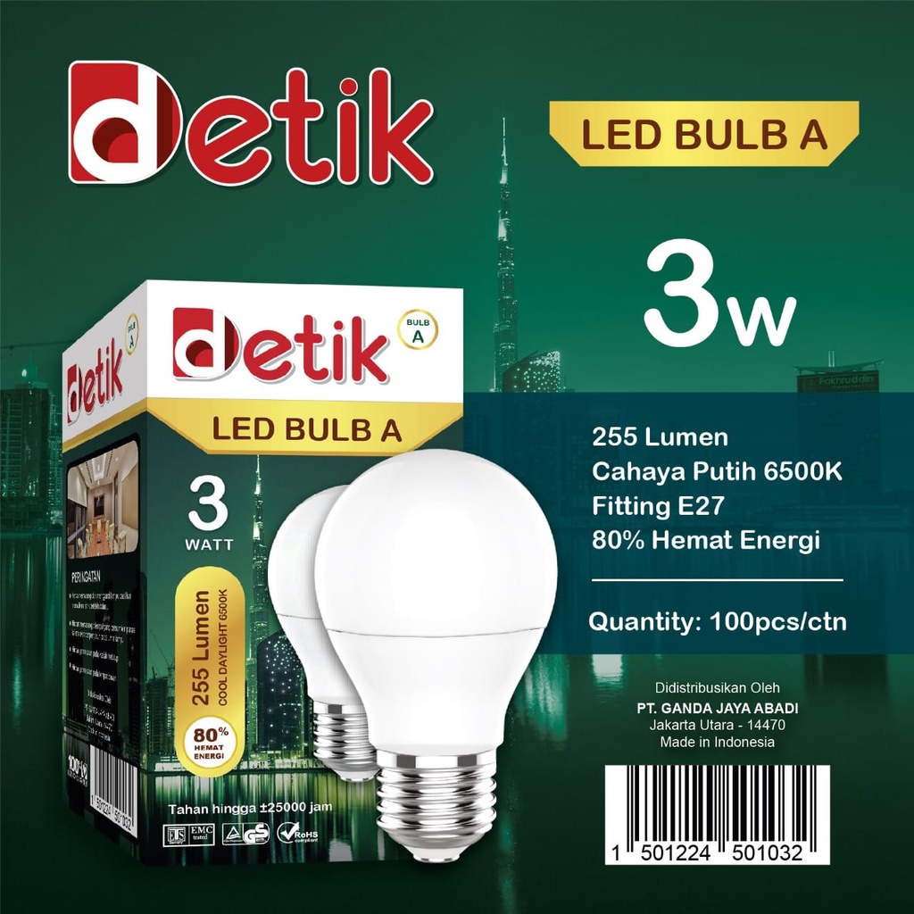 DETIK Lampu LED Bulb 3 Watt - Cahaya Putih (Garansi 1 Tahun)