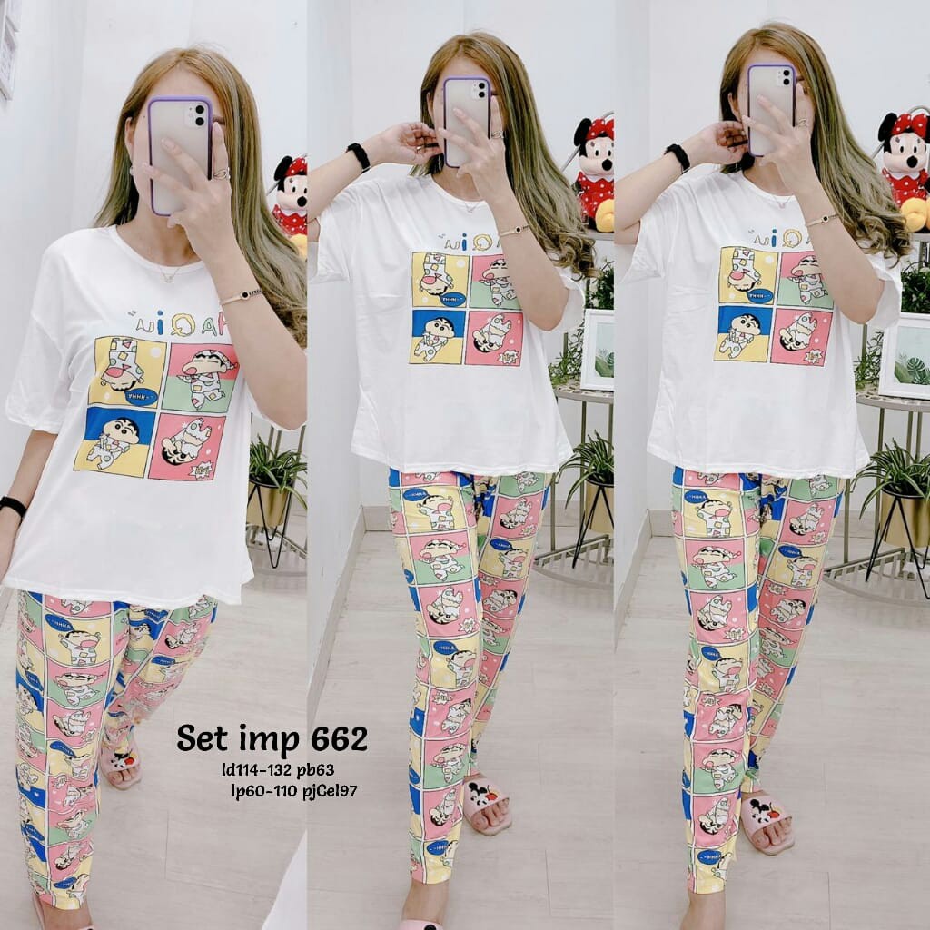 SETELAN PREMIUM BAJU TIDUR WANITA KAOS IMPORT KAOS ATASAN+CELANA CORAK SHINCHAN 662