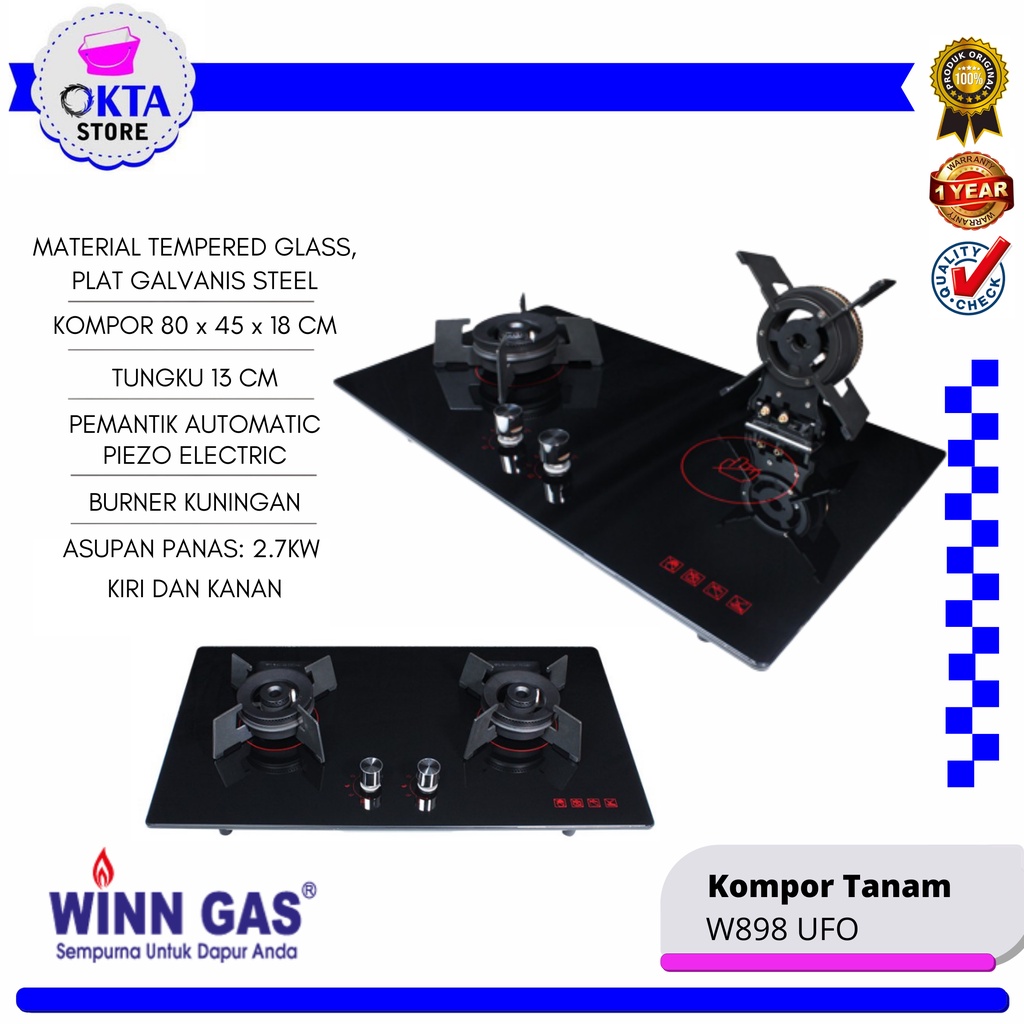 Winn Gas Kompor Tanam 2 Tungku W 898 UFO &amp; Paket Kompor Selang Regulator W88/W900