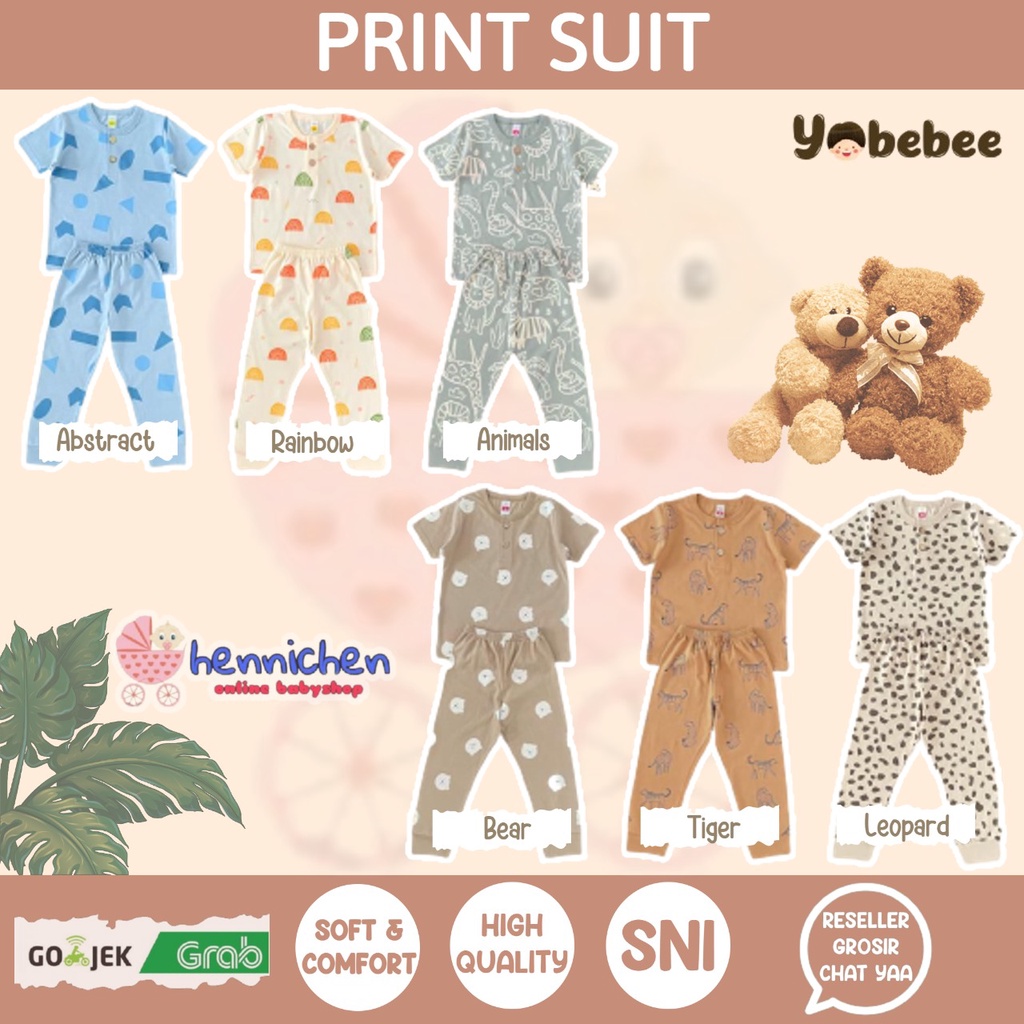 YOBEBEE PRINT SUIT SETELAN BAJU PENDEK CELANA PANJANG MOTIF BAJU ANAK BAJU BAYI 1-8 tahun