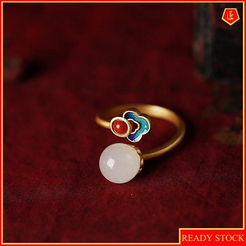 [Ready Stock]Women's 925 Silver Natural Hetian Jade Chinese Style Ring