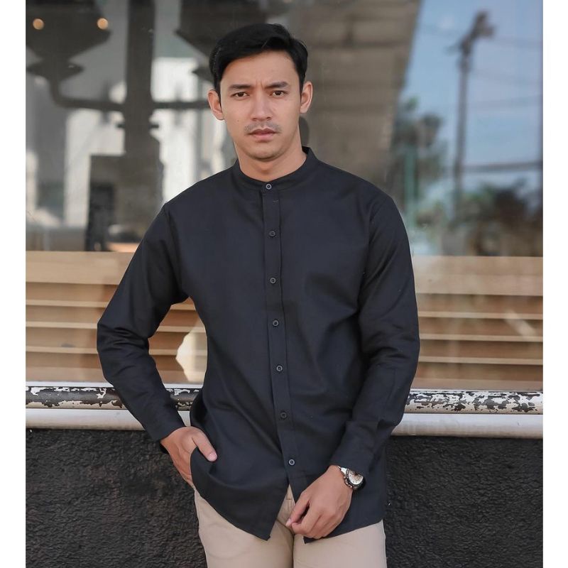 Kemeja Polos Pria Ciangi Lengan Panjang Kerah Sanghai Lacos Size M L XL XXL - Kemeja cotton pique sl