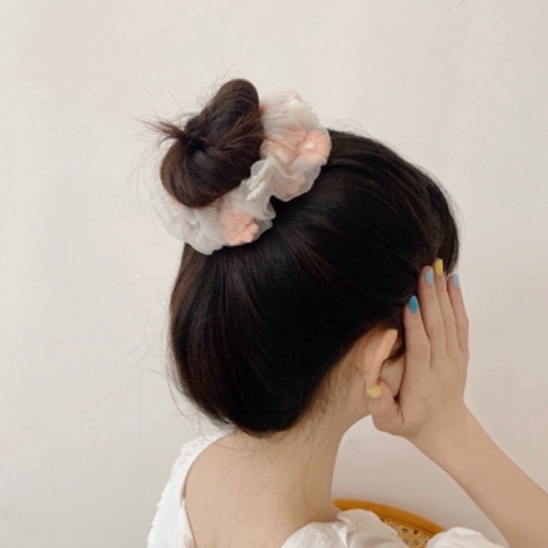 Srunchies BUNGA ikat rambut import Embroidery FLOWER KOREAN STYLE Scrunchy