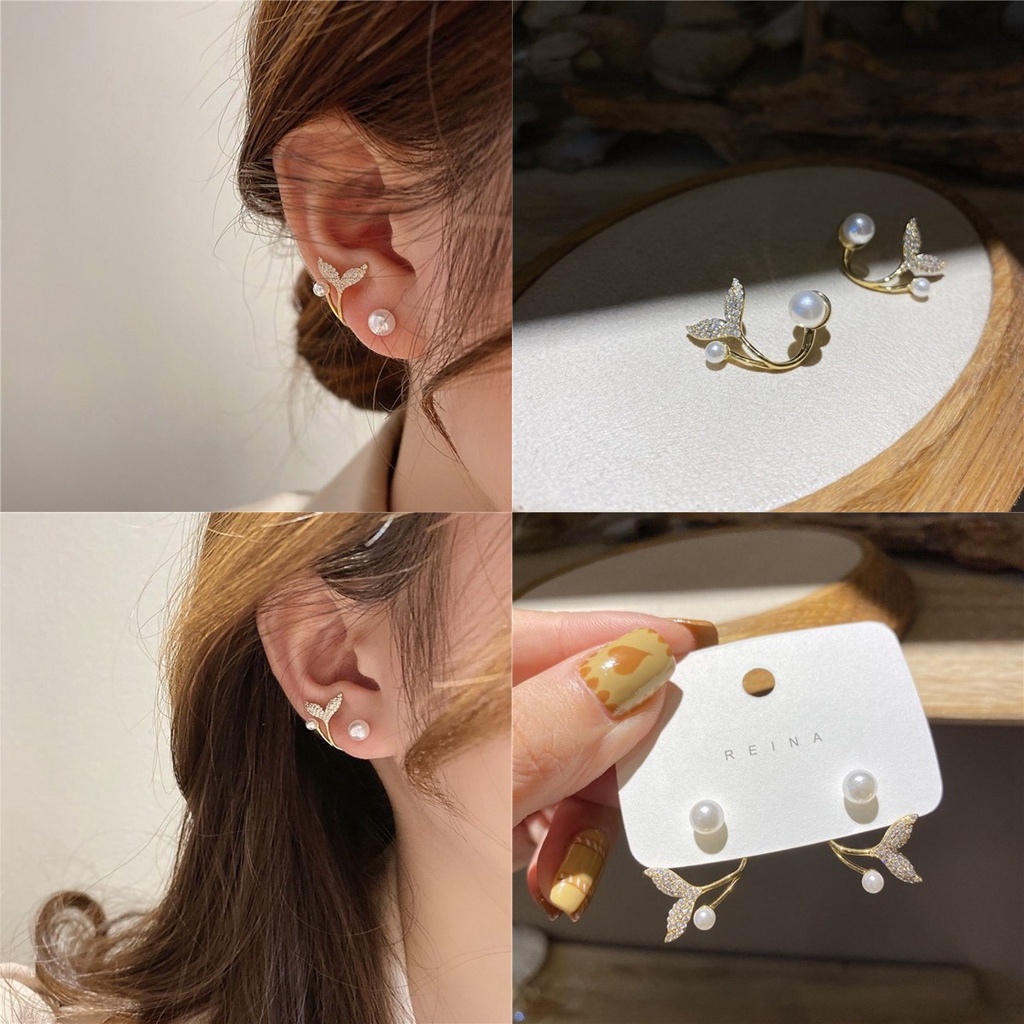 【COD Tangding】Anting Tusuk Gantung Desain Ekor Ikan Hias Mutiara Gaya Eleganmewah Untuk Wanita