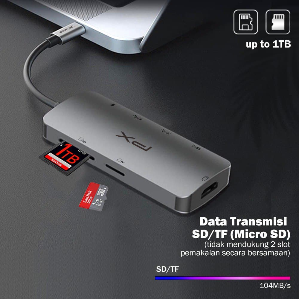 PX UCH17 7 IN 1 USB Hub Type C 3.1 Converter Laptop to HDMI SD Car- Garansi Resmi PX