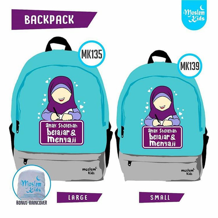 FREE RAINCOVER Tas Anak Muslim Ransel Backpack Karakter Moslem Kids - Backpack LARGE Besar