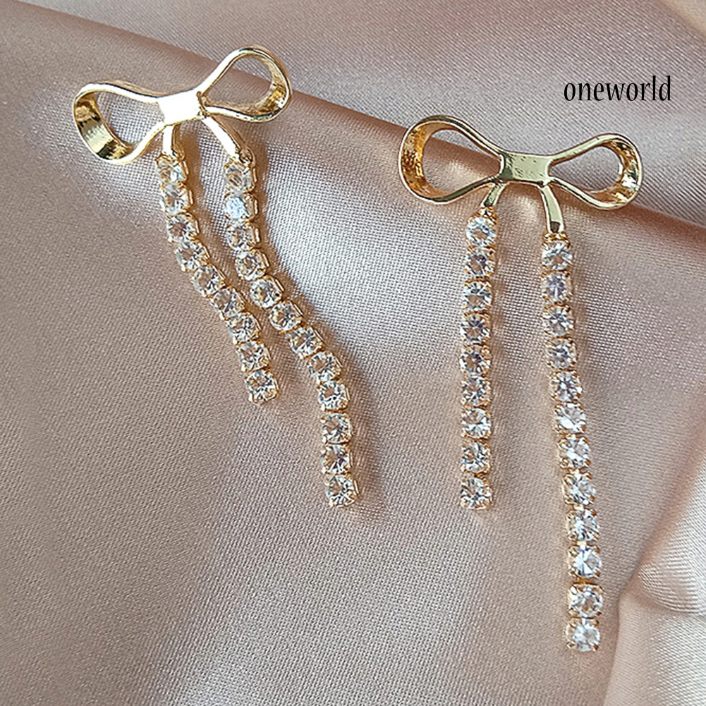 OW# Women Lady Elegant Shiny Alloy Bowknot Shaped Long Tassel Earrings Jewelry Gift