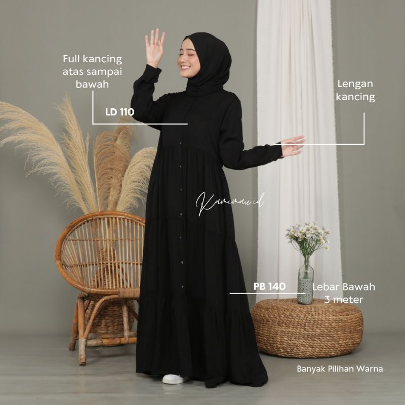 Gamis Babydoll Lady Dress Rayon Twill Armany Full Kancing busui hitam putih lilac merah biru kuning