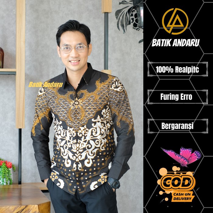 Kemeja Batik Pria Slim Fit Lengan Panjang Modern Heem Elegant Premium Bahan Katun Solo Halus Warna Hitam