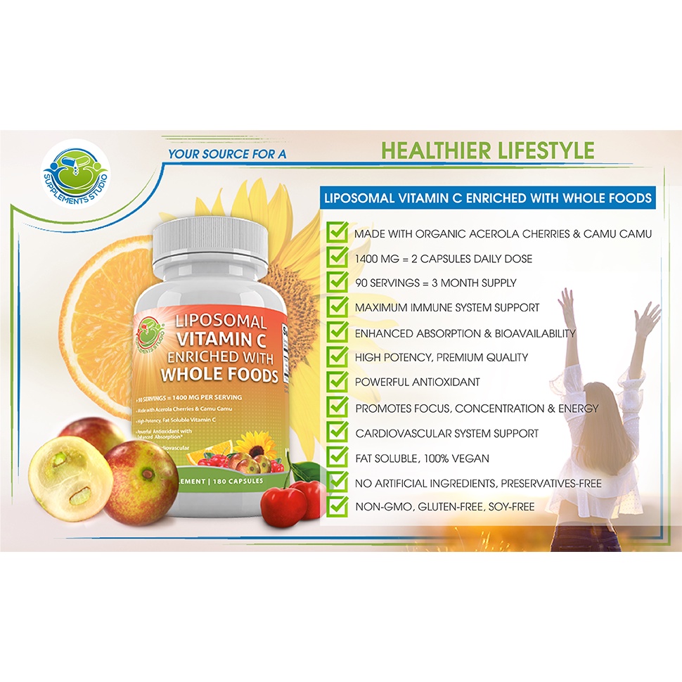 Liposomal Vitamin C 1400mg + ORGANIC WholeFoods Supplements Studio USA