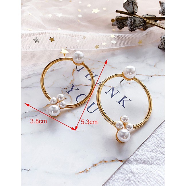 LRC Anting Tusuk Fashion Gold Alloy Circle Pearl Stud Earrings F54117