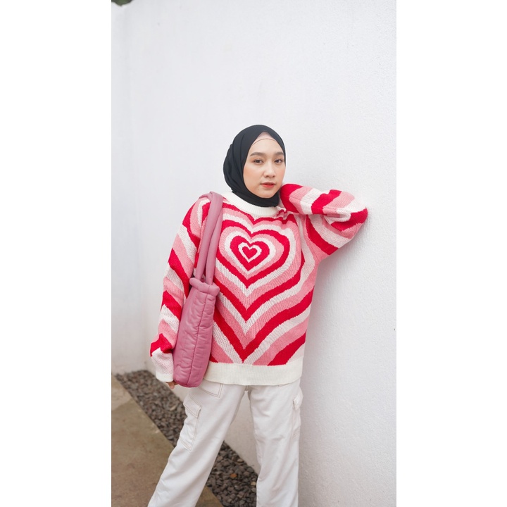 Atasan Wanita Sweater Rajut Korea Style Motif Heart Love Bahan Knit Premium-Merah