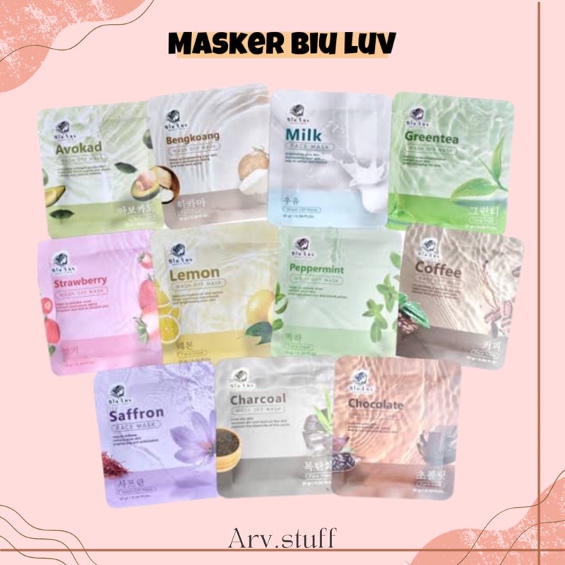 Biu Luv Masker Organik / Face mask yang variannya banyak dan manfaatnya bisa untuk mencerahkan, mengencangkan kulit, membuat pori pori mengecil, dan harganya yang murah meriah dan bestsaller