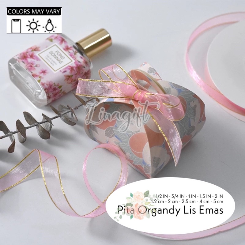 ( Rol 20 Yard ) SILK ORGANDY GIFT RIBBON GOLD EDGE 12MM - ORGANZA CHIFFON PITA ORGANDI LIS EMAS 0.5 IN 1.2 CM 1/2 INCH