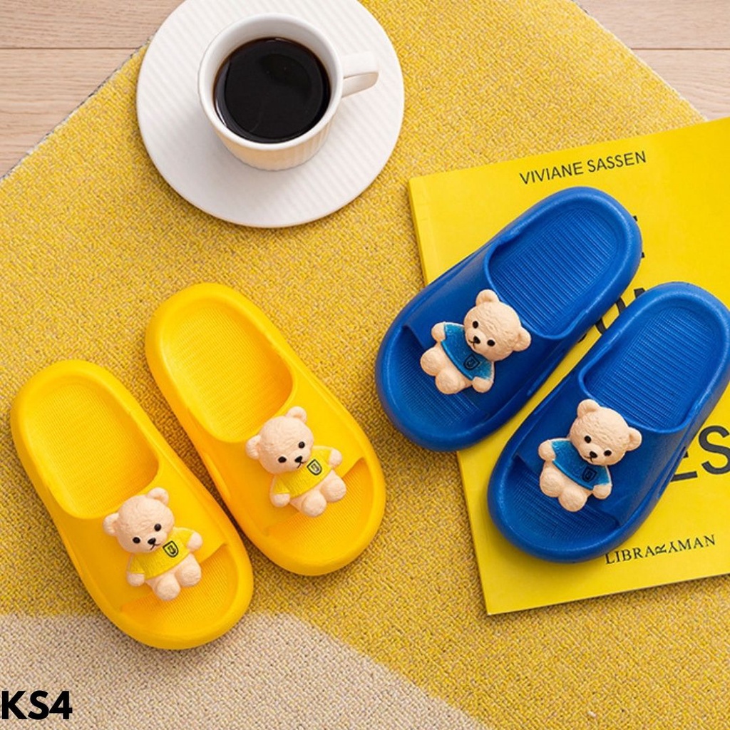 SANDAL SELOP ANAK-ANAK KEKINIAN MOTIF BERUANG COMEL BAHAN RUBBER ANTI SLIP IMPORT KS4