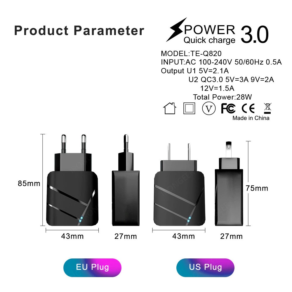 GS8 Faster Charger Usb Fast Charging Qc3.0 2 Port 3A - Te-Q820 Carprie Batok Cas Black