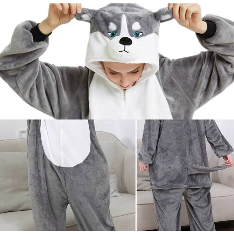 BAJU ONESIE KOSTUM ANJING HUSKEY DOG PIYAMA COSPLAY BAJU TIDUR IMPOR LEMBUT