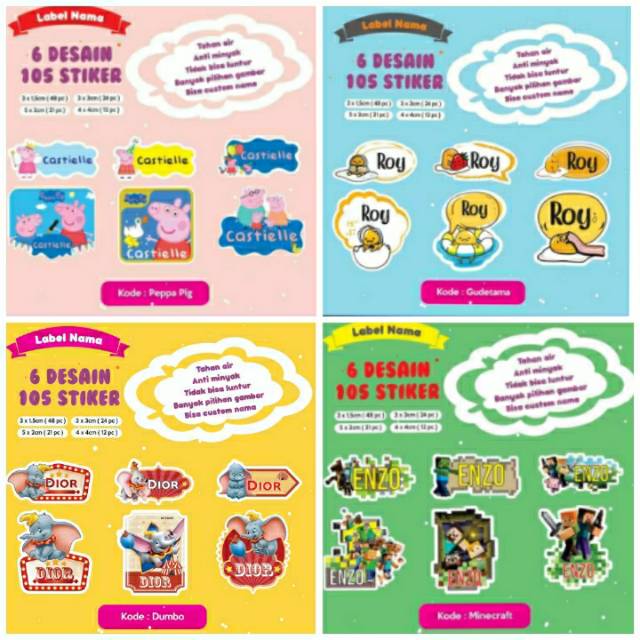 

Stiker / Label Nama 105 buah PEPPA PIG, GUDETAMA, DUMBO, MINECRAFT