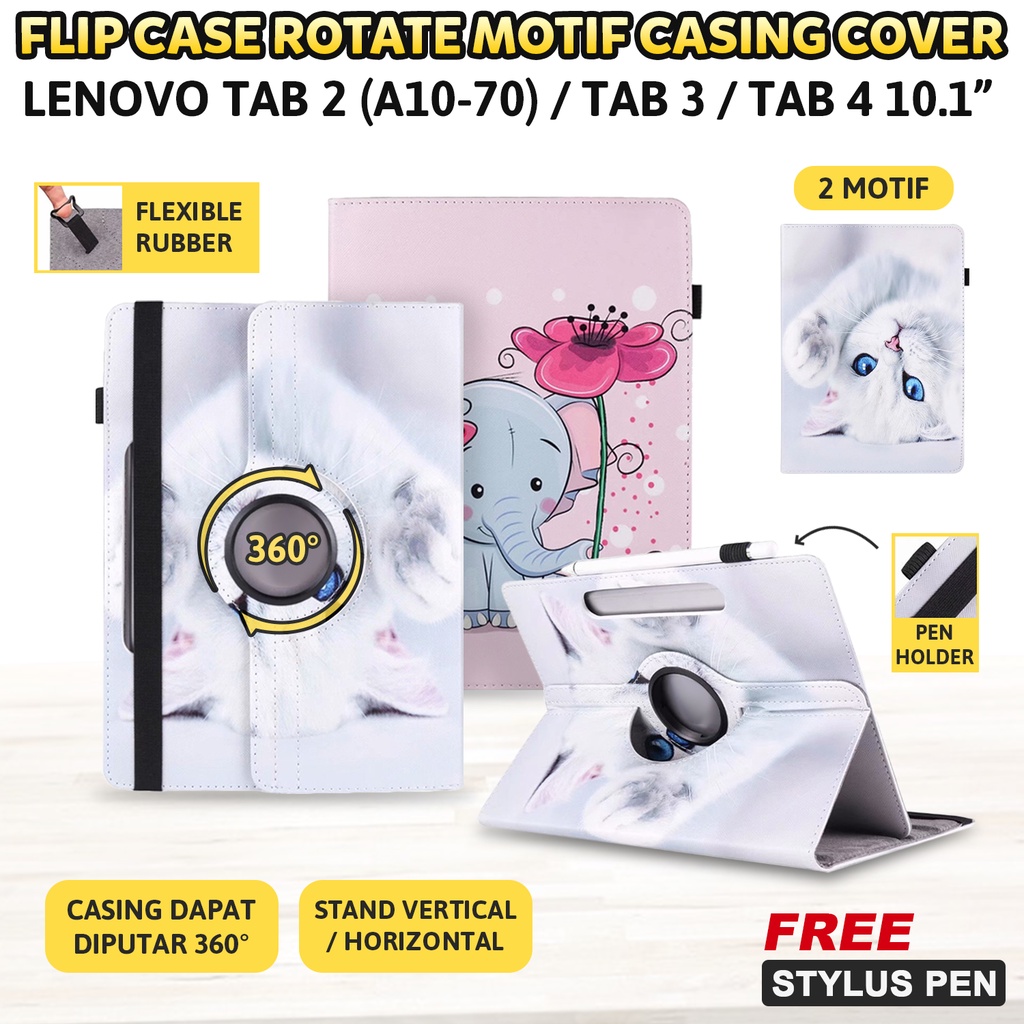 Lenovo Tab 3 10.1 inch Tablet Casing Flip Case Putar Rotate Stand Motif Kucing Cat Elephant Gajah Lu