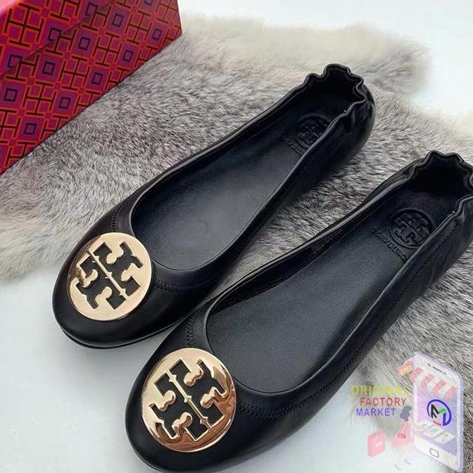 ORIGINAL Sepatu TORY BURCH Flat Shoes Minnie Travel Ballet Black Gold