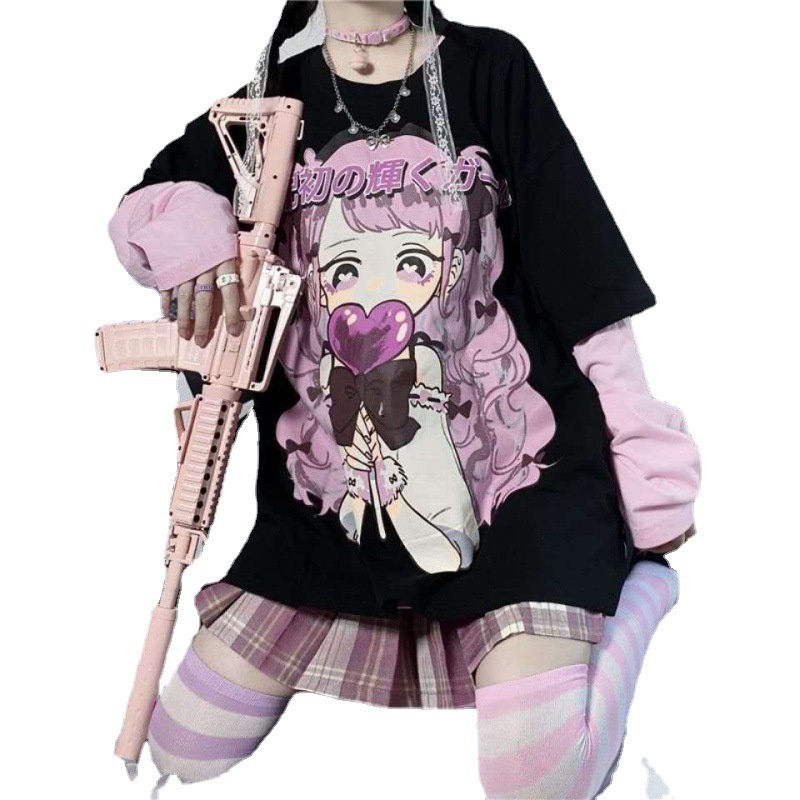 #Sisjuly# insPrinting2022Musim Panas Baru Longgar Lengan Pendek Dua Potong PalsuTT-shirt Wanita Jepang Lucu Pa