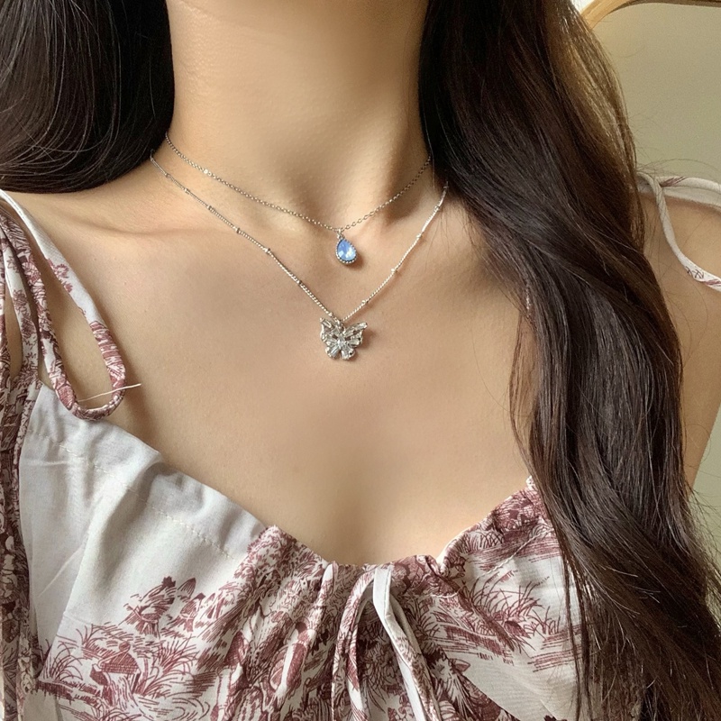 Blue Water Drop Butterfly Necklace Accessories Temperament Double Clavicle Chain