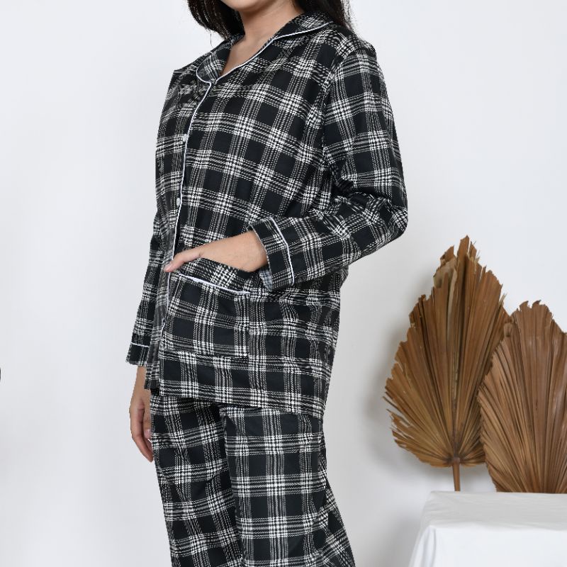 Baju Tidur Piyama Wanita/Cewek Pajamas Dewasa Katun Motif Kotak Kerlita PP Lengan Panjang Kekinian