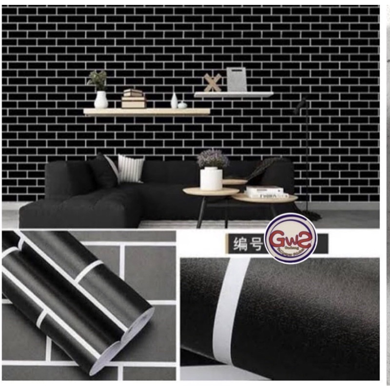 wallpaper sticker motif batu bata monokrom hitam putih ukuran 10 meter wallstiker wallsticker walsti