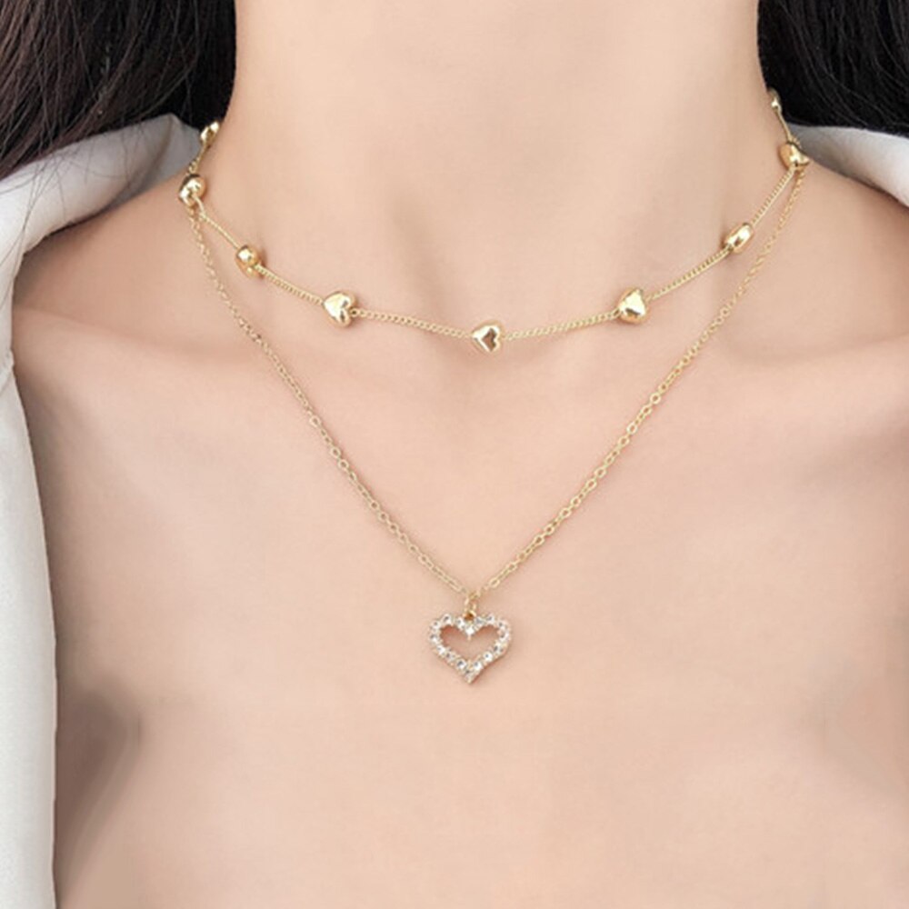 Kalung Liontin Hati Kristal Geometris Lapisan Ganda Warna Emas Untuk Wanita