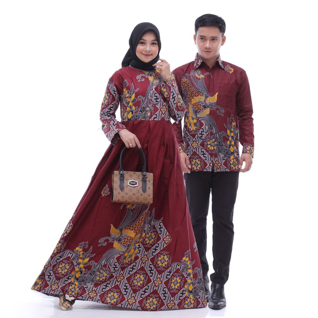 gamis dan kemeja lengan panjang Sania Ruffle Batik Couple ori Ndoro jowi / gamis batik couple murah-kenari marun