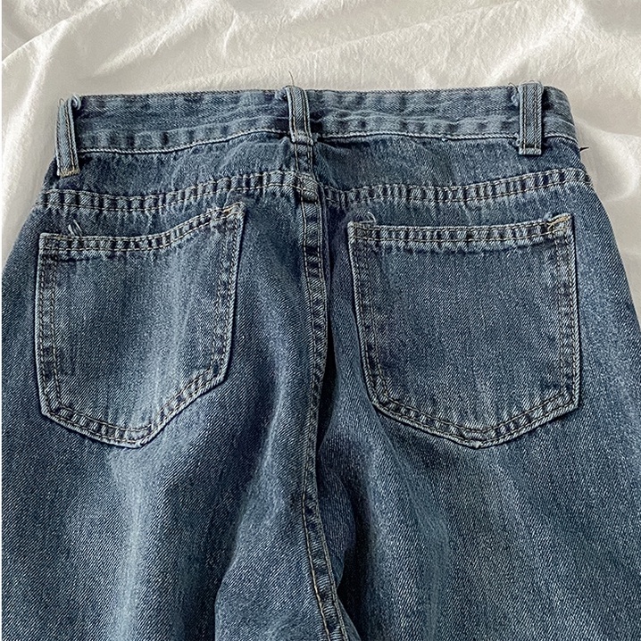 【COD】biru retro korean style high waist lurus celana jeans wanita longgar Import