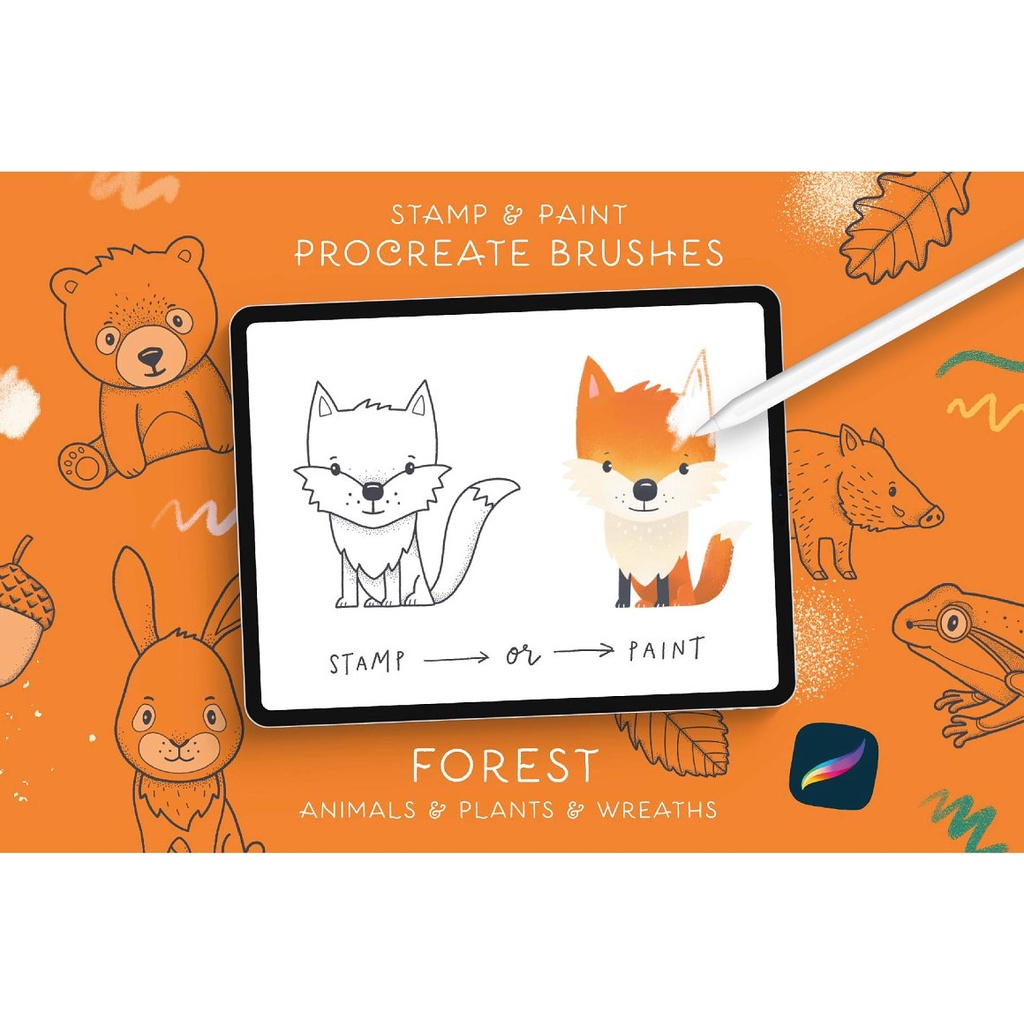 Procreate Brush - Forest Animals, Plants &amp; Wreath for Procreate +Color Palette