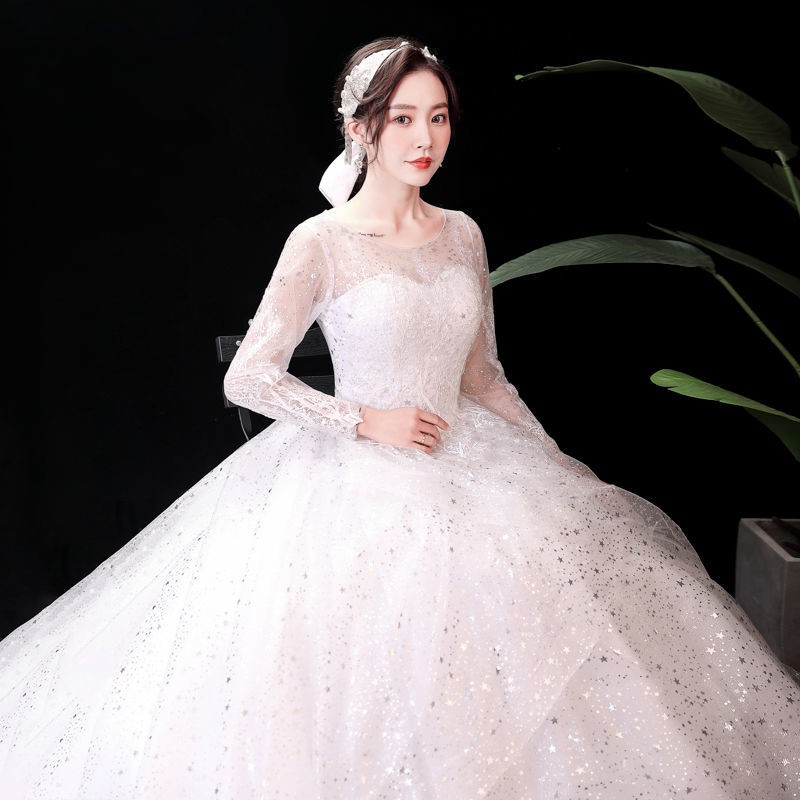 151 White Long Sleeve Long Tail Round Collar Bling Bling Women Wedding Party Gown Dress Bridal Gaun
