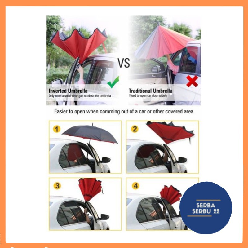 Payung Terbalik Besar 2 Lapis Kain Gagang C Reverse Umbrella Kazbrella [SS]