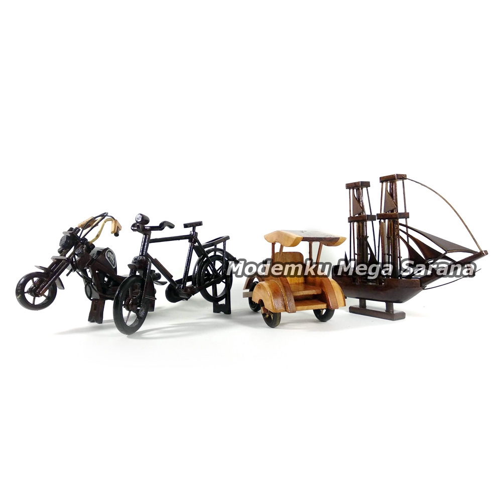 Paket isi 4 pcs - Miniatur dari kayu Harley Sepeda Onthel Becak Kapal Pinisi