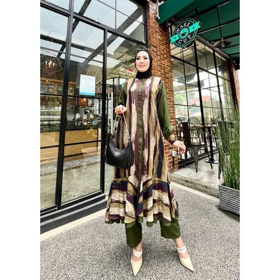 Glz Dilara 32 Setelan Long Tunik Full Kancing Tunik Set Celana Remaja Setelan Katun Armani - Army - 