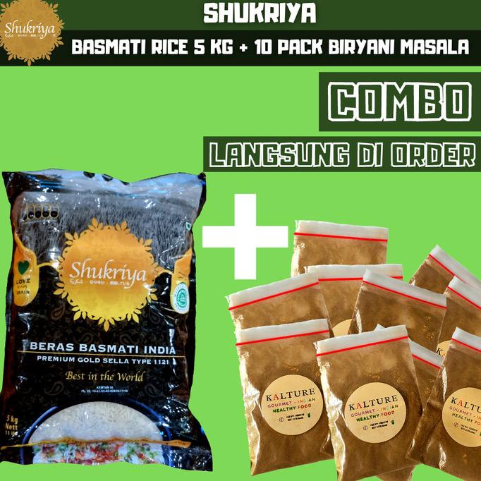 

COMBO:1 PACK 5KG SHUKRIYA BASMATI +10 PACKS SPECIAL BIRYANI MIX BUMBU