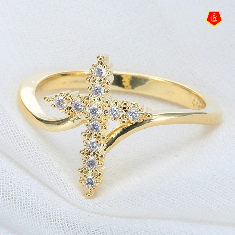 Cincin Motif Salib Yesus Aksen Berlian Imitasi Untuk Wanita