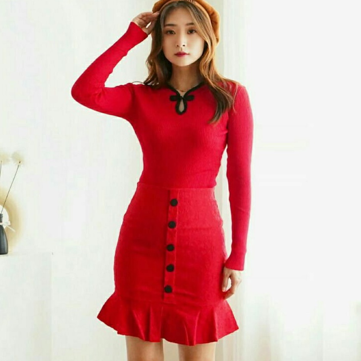 11781 FLARE 2in1 Fashion terbaru set baju rok mini skirt merah wanita import setelan baju lengan pan