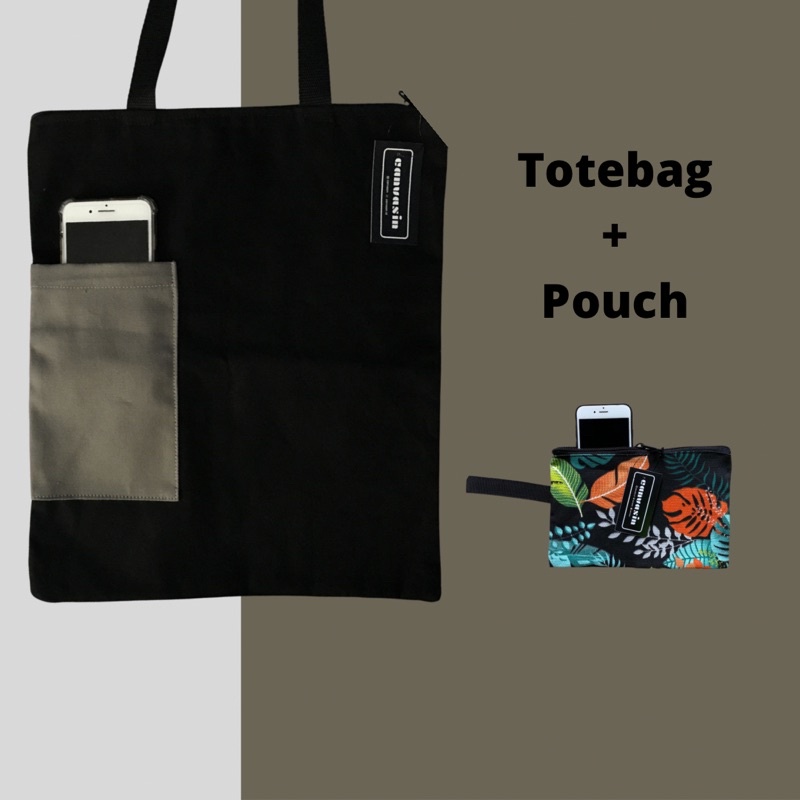 Tote bag black &amp; grey &amp; pouch orange leaf