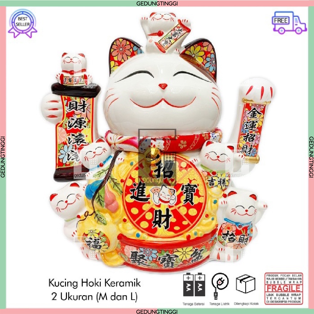 Patung Pajangan Hiasan Dekorasi Boneka Kucing Panggil Rejeki Rezeki Hoki Maneki Neko Maneko Neki ManekiNeko Lucky Cat Keberuntungan Keramik Baterai Batrai Batre Listrik Tangan Goyang Gerak Hias Meja Etalase Toko Kantor Resto Cafe Murah Cina China Jepang