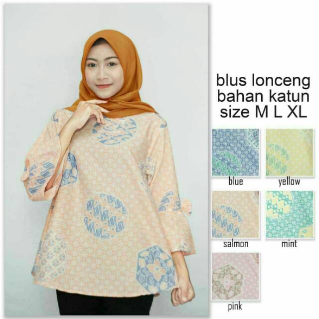 Blus Soft Bunga Kawung Turtleneck Lonceng Pastel Soft Atasan Batik Modern Kerja Seragam Cantik