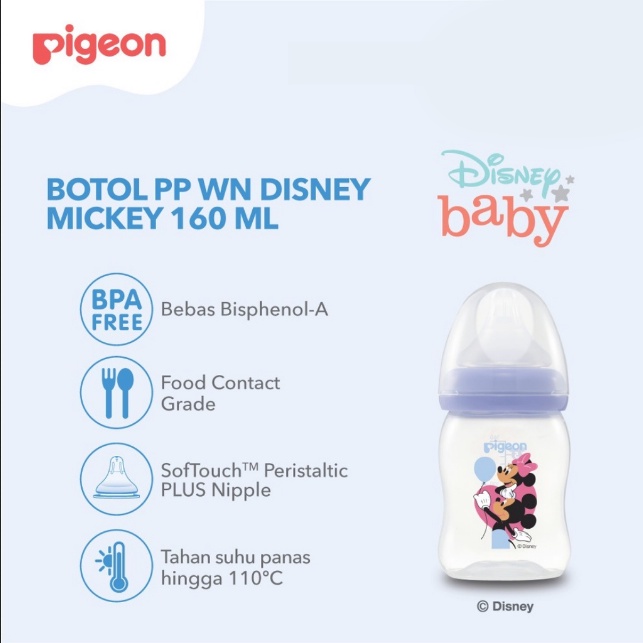 BOSU353 PIGEON BOTOL SUSU DISNEY MICKEY PP WIDE NECK 160 ML W/ P-PLUS NIPPLE