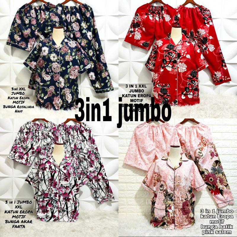 Piyama dewasa 3 in 1 jumbo/XXL motif bunga