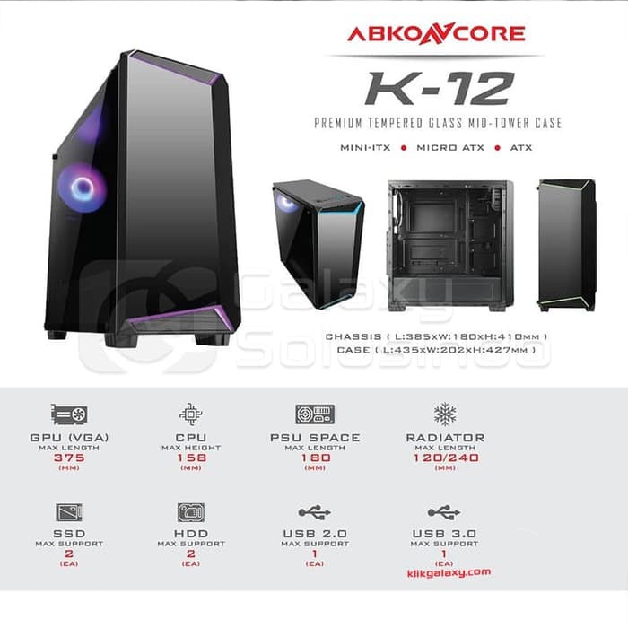 CASE GAMING  PC ABKO N CORE K12 ATX RGB TEMPERED GLASS SIDE PANEL